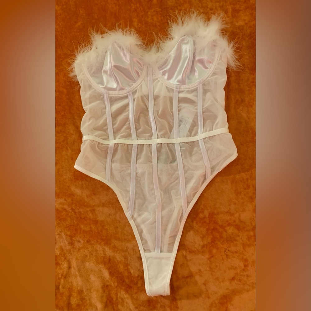 Premium Feather Trim Satin Corset Bodysuit Sz L - Picture 2 of 16